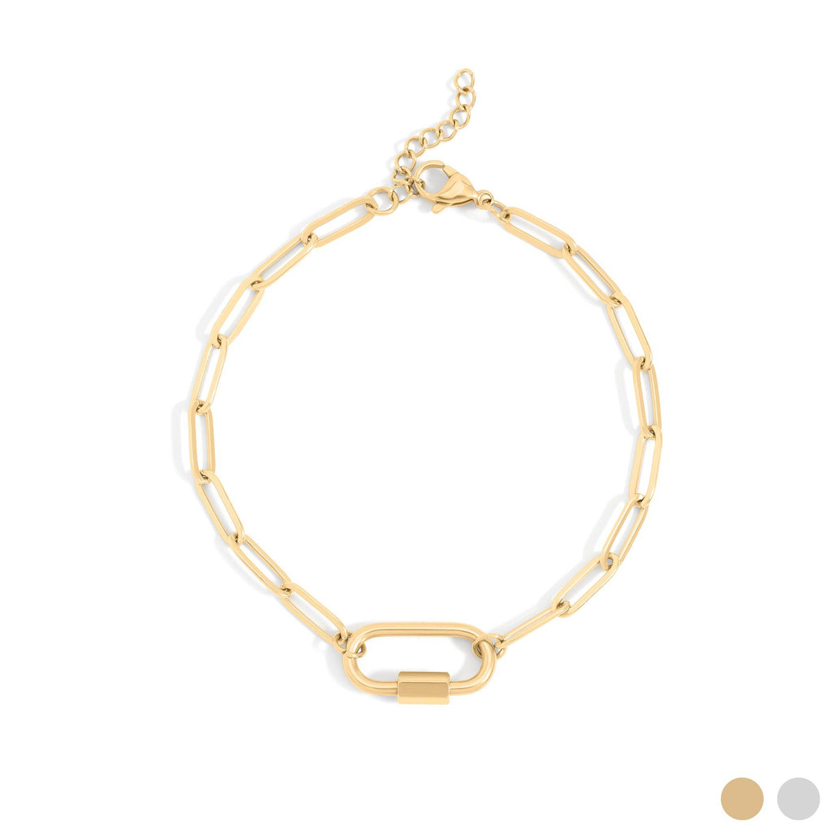 18K Gold PVD Stainless Steel Paperclip Carabiner Bracelet: Gold